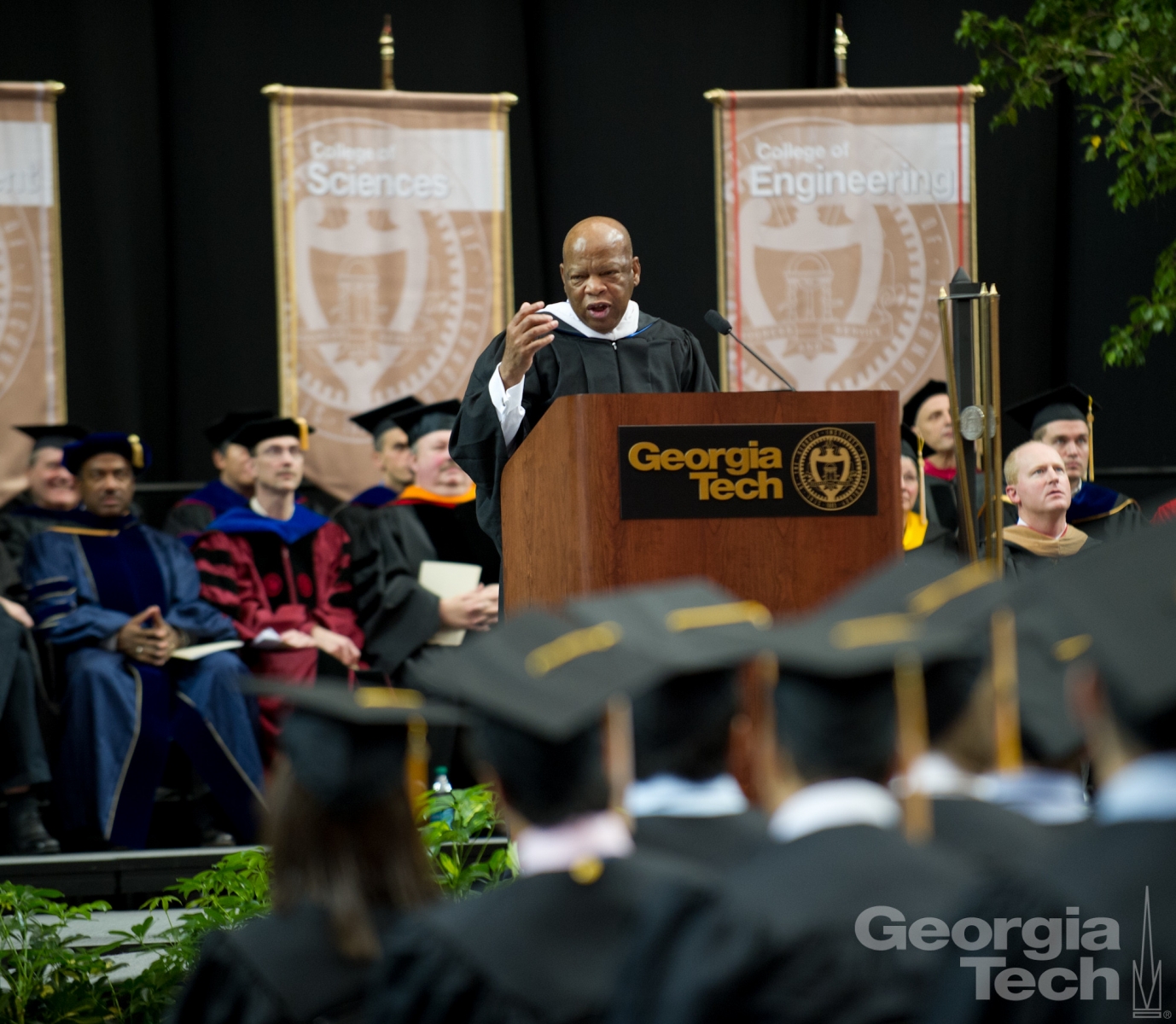 A photo of John Lewis giving his December 2011 commencement address at Georgia Tech.