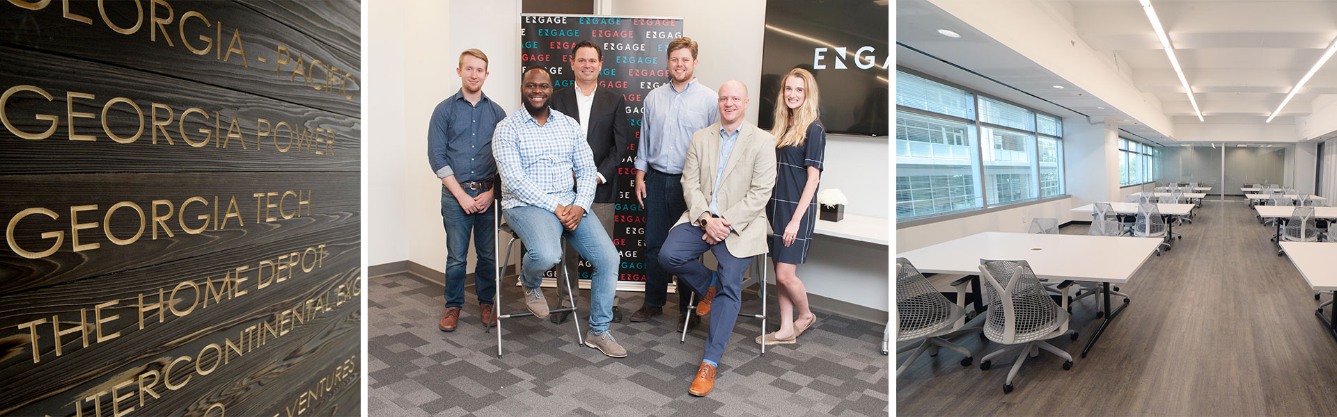  Georgia Tech's name with other supporting companies on a wall, a group of the first cohort of entrepreneurs, and the Engage work room
