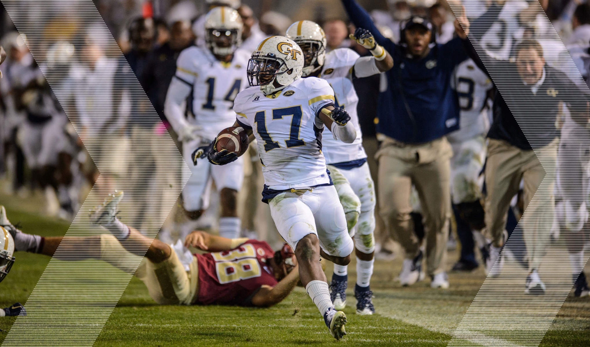 Lance Austin holding the football and outrunning Florida State players while being cheered on by Georgia Tech players and coaches