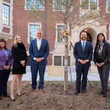 Josh and Sarah Carter; Cassidy Sugimoto, the Tom and Marie Patton Professor and Chair of the Carter School of Public Policy; President Cabrera; Jason Carter, chair of The Carter Center board of trustees; Paige Alexander, CEO of The Carter Center; Frank Southworth, adjunct principal research scientist in the School of Civil and Environmental Engineering; and Amanda Murdie, dean of the Ivan Allen College of Liberal Arts.